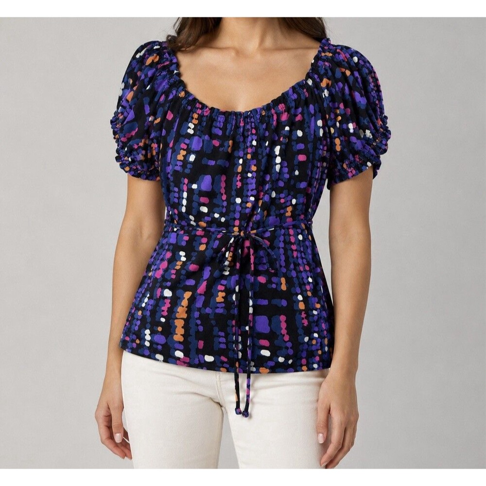 Candies Womens Large Y2K Abstract Print Puff Sleeve Tie Waist Top Colorful